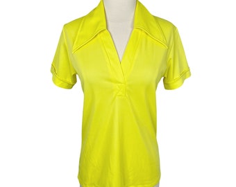 Vintage 1970’s Montgomery Ward Lemon Yellow Top Size Medium Disco Hippie 70’s Flower Power Collared Neon Summer Casual Short Sleeves