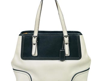 Vintage COACH Hampton Black White Leather Tote Bag M3Q9605 Double Handle Straps Lined Pockets 2003 December Hang Tag