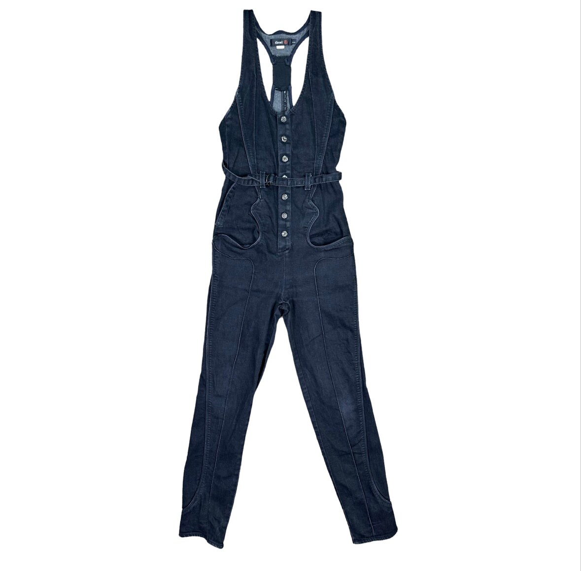 Vintage Y2K Diesel Black Denim Jumpsuit Racerback Skinny Fit
