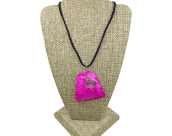 Vintage 90’s Geometric Pendant Necklace Hot Pink Clay Cord Y2K Wire Wrapped Detail Statement Piece