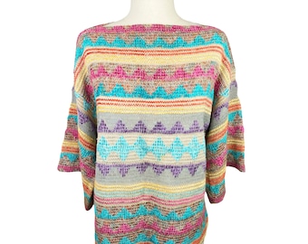 Vintage 80’s Bonnie Boerer & Company Tribal Print Boatneck Sweater Size Medium Cottagecore Grandmacore Multicolored Retro 3/4 Length Sleeves