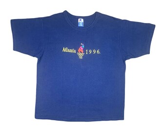 Vintage Champion Atlanta Olympics 1996 Embroidered Crew Neck Tee Size XL Unisex Navy Blue United States 90’s T-Shirt Retro Summer Games