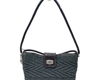 Vintage Brighton Wendy Style Woven Shoulder Bag 12” x 7” x 3” Straw Green Leather Trim Floral Lining Retro Heart Charm Interior Pockets