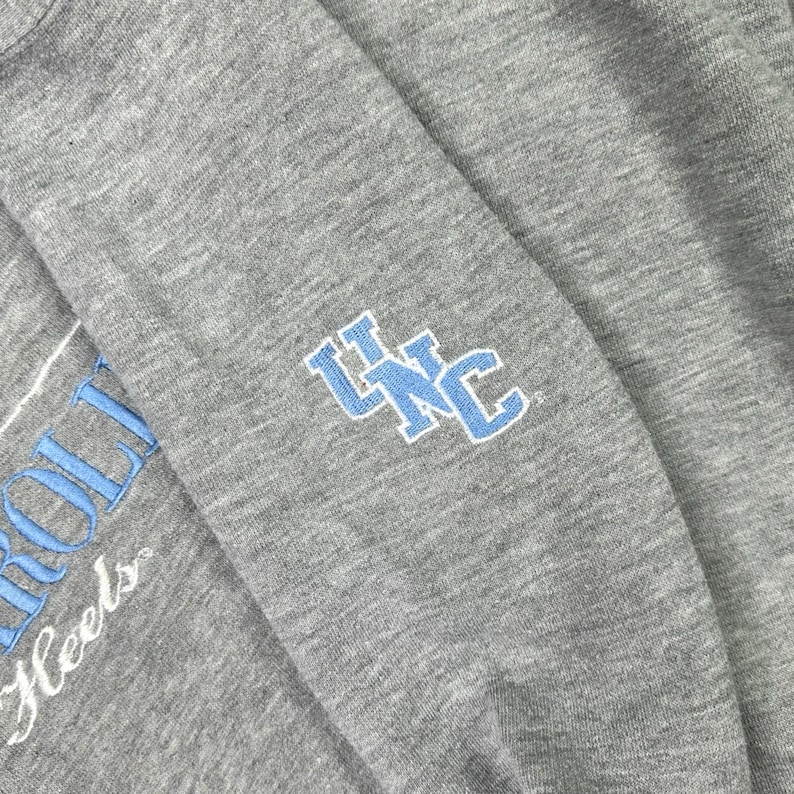 May include: Close-up of a grey sweatshirt sleeve with the text "ROLL Heels" in white and a light blue "UNC" logo. The sleeve is made of a soft, textured fabric.