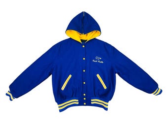Vintage Holloway Ladies Varsity Cheer Jacket Size XL Embroidered Pioneers Women’s Zip Hood Royal Blue Yellow Wool Quilted Lining
