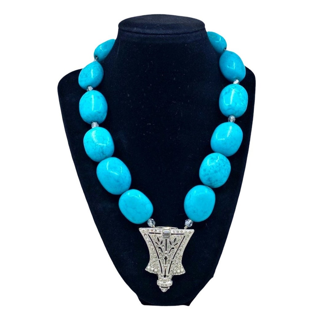 Vintage Turquoise Necklace With Antique Rhinestone Shoe Clip