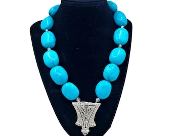 Vintage Turquoise Necklace with Antique Rhinestone Shoe Clip Pendant 18” Long / Stones 1.25” x 1” / Clip 2” x 1.5” Crystal Beads Handmade
