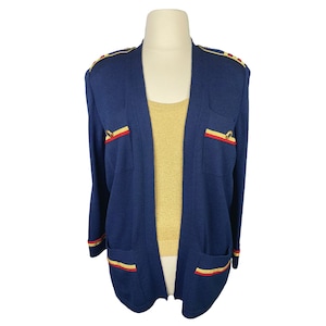 Vintage St. John Sportswear by Marie Gray Navy Blue Santana Knit Nautical Cardigan & Gold Shell Size Large 1990’s Business Casual