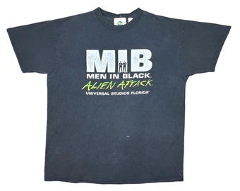Vintage 2000 Men In Black Alien Attack Universal Studios Florida Promo Tee Cut Size Tag Large Crew Neck Ride Graphic Unisex