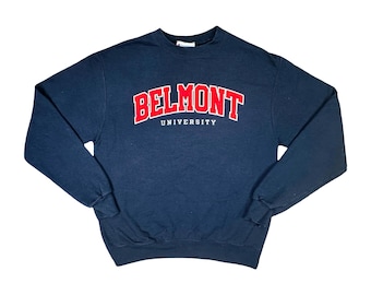 Vintage Champion Belmont University Crew Neck Sweatshirt Size Medium College School Unisex Fleece Top Navy Blue Red Nashville Tennessee