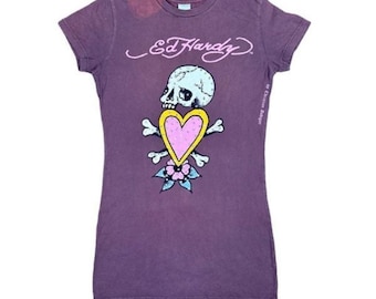 Vintage Y2K Ed Hardy x Christian Audigier Skull & Crossbones Heart Tee Size Medium Retro D-Bag Rhinestones