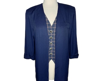 Vintage 90’s Petite Perceptions Combination Navy Blazer/Plaid Vest Size 6 1990’s Fashion The Heathers 90210 Preppy Jacket Shoulder Pads