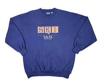 Vintage Crable Sportswear SKI Vail Colorado Crew Neck Sweatshirt Size XL Navy Blue Embroidered Pullover Unisex Fleece