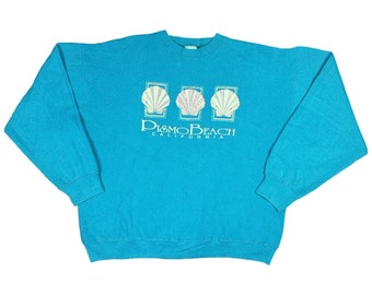 Vintage Tultex Pismo Beach California Crew Neck Sweatshirt Size XL Shells Unisex Fleece Teal Cream 90’s Retro