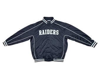 Vintage NFL x G-III Raiders Full-Zip Bomber / Track Jacket Size XL Black White Embroidered Logo Lined Pockets Football Men’s