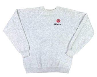 Vintage Hanes RUGER Firearms Crew Neck Sweatshirt Size Medium 90’s Logo Pullover Unisex Red Gray Made in the USA Cotton Poly Blend