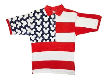 Polo vintage de los 90 de Mickey Inc. con bandera estadounidense, estrellas y rayas, talla grande/XL, silueta de Mickey Mouse, rojo, blanco y azul, de Disney para hombre.