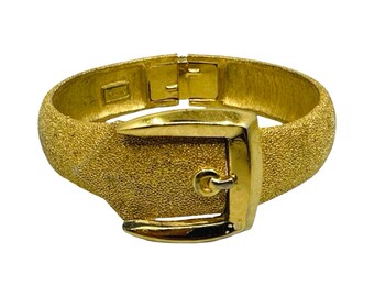 Vintage 1960’s Crown Trifari Belt Buckle Hinged Gold Tone Clamper Cuff Fashion Jewelry Hinged Antique Brushed Collectible