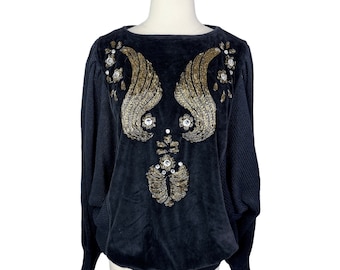 Vintage 80’s Bonnie Boerer Pret Black & Gold Beaded Dolman Sweater Size Medium Grandmacore 1980s Ribbed Gaudy