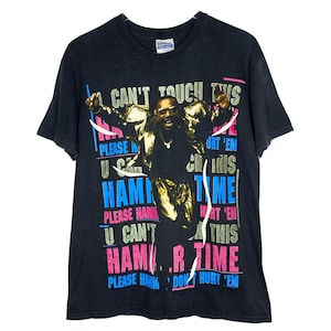 Vintage 90’s MC Hammer Crew Neck Tee Size Large Double Sided Hanes Can’t Touch This Hammer Time Retro Blue Black Pink Made In The USA