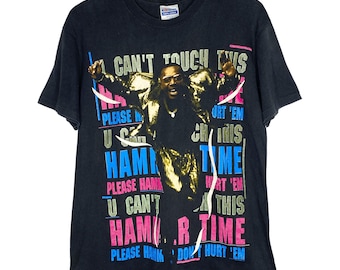 Vintage 90’s MC Hammer Crew Neck Tee Size Large Double Sided Hanes Can’t Touch This Hammer Time Retro Blue Black Pink Made In The USA