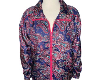 Vintage 90’s Jennifer Moore Activewear Paisley Print Windbreaker Size Large Full Zip Red Purple Teal Retro 1990’s Athleisure Fully Lined