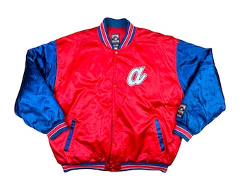 Vintage Cooperstown Collection / G-III by Carl Banks MLB Atlanta Braves Baseball Satin Bomber Varsity Jacket Red Blue White Logo Embroidered