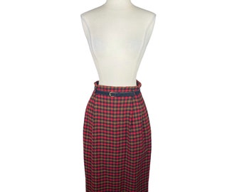 Vintage Jennifer Moore Classifications Belted Plaid Wool Skirt Size 8 Pencil Straight Retro Fully Lined 90’s Preppy Midi Slit Hidden Zipper