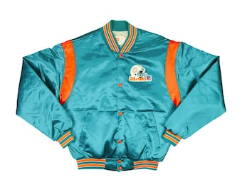 Vintage Swingster NFL Miami Dolphins Satin Bomber Jacket Size Medium Unisex Embroidered Football Varsity Lined Made in USA Turquoise Orange
