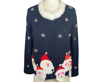 Vintage Arriviste Button-Down Santa Christmas Sweater Ugly Tacky Contest Retro Holiday 1990’s Fashion Knit Appliqué Fluff Embroidery Sequins