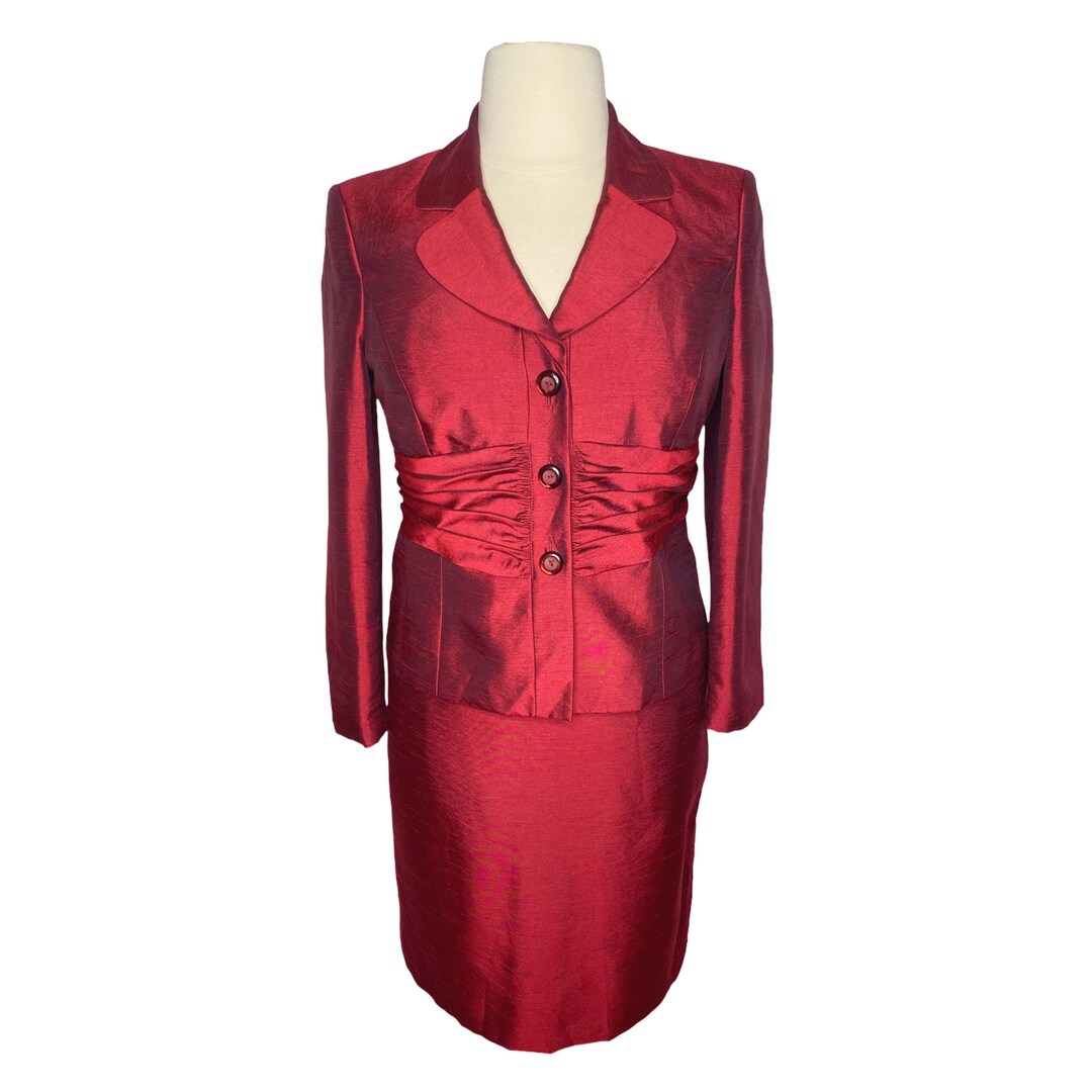 Vintage Jones Wear Ruched Red Skirt Suit Size 14 Petite Classic 90s