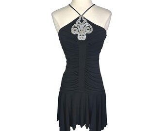 Vintage Morgan & Co. Rhinestone Embellished Ruched Halter Dress Size XS Black Asymmetrical Hem Skirt Cocktail Mini Semi-Formal Y2K