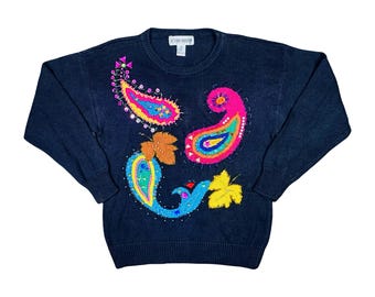 Vintage 80’s Victoria Harbour Beaded Embroidered Paisley Appliqué Sweater Size Medium Black Pink Blue Yellow Knit Top Pullover Grandmacore