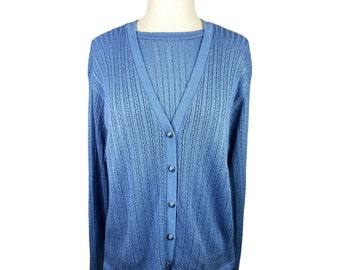 Vintage Alfred Dunner Petite Blue Knit Combination Top & Cardigan Size Large Grandmacore Cottagecore Minimalist Eyelet Retro Country