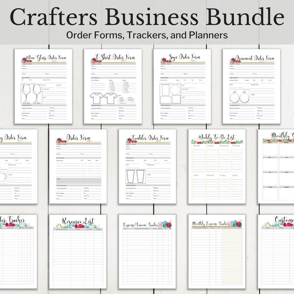 Crafters Business Planner Bundle | Tumbler, Mug, Wine Glass, Ornament, T-Shirt, Sign Order Forms | Expense, Income, Customer, Goal Trackers