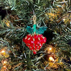 Handmade Strawberry Beaded Christmas Ornament, Unique Ornament, Fruit Ornament