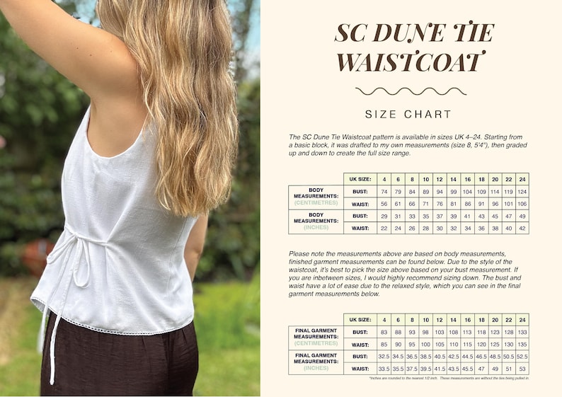 Puede incluir: Un chaleco blanco sin mangas con cierre de lazo lateral y un detalle de dobladillo delicado. La imagen incluye una tabla de tallas titulada SC DUNE TIE WAISTCOAT con medidas corporales y de la prenda en cent&iacute;metros y pulgadas para tallas UK 4-24.