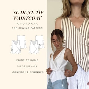 以下が含まれることがあります： SC Dune Tie WaistcoatのPDF縫製パターン。テキストとノースリーブのラップスタイルベストの線画が特徴です。画像には、白い生地と茶色と白のストライプ生地の2種類の衣服が表示されています。