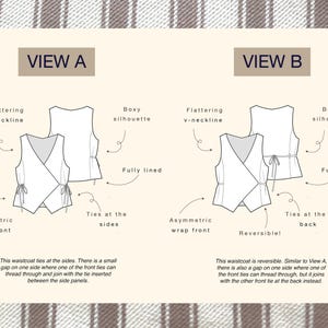 Puede incluir: Una ilustraci&oacute;n t&eacute;cnica de un patr&oacute;n de chaleco con dos variantes, View A y View B. Ambos dise&ntilde;os muestran un escote en V, una silueta cuadrada, una construcci&oacute;n totalmente forrada y un frente cruzado asim&eacute;trico con lazos laterales.