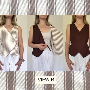 Puede incluir: Un chaleco cruzado reversible sin mangas con escote en V y dobladillo en punta. Un lado presenta un patr&oacute;n de rayas verticales en beige y blanco, mientras que el otro lado es de color marr&oacute;n oscuro s&oacute;lido. El chaleco se muestra en tres configuraciones, VIEW B.