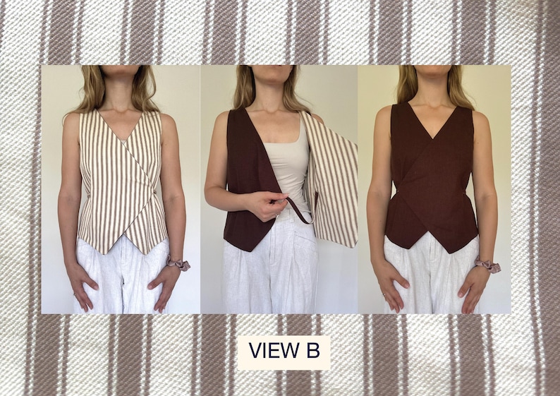 Puede incluir: Un chaleco cruzado reversible sin mangas con escote en V y dobladillo en punta. Un lado presenta un patr&oacute;n de rayas verticales en beige y blanco, mientras que el otro lado es de color marr&oacute;n oscuro s&oacute;lido. El chaleco se muestra en tres configuraciones, VIEW B.