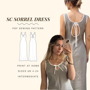May include: SC SORREL DRESS PDF SEWING PATTERN PRINT AT HOME SIZES UK 4-24 INTERMEDIATE. A light gray sleeveless dress with white trim, a front keyhole cutout with a tie, and a back keyhole cutout with a tie, shown in a technical line drawing.