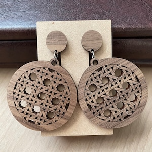Round Rattan Wooden Earrings | Jewelry | Laser Cut Earrings | Stud Earrings | Wooden Statement Earrings | Gift