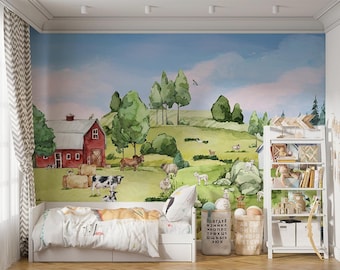 On the farm / Wallpaper for children / Non-woven wallpaper /  Environmentally-friendly / Produced in The Netherlands / Walloha.com