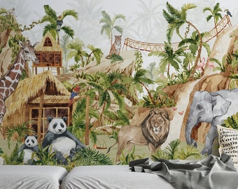 JUNGLE Behang Kinderkamer / Tropische Dieren Muurschildering voor Jongens en Meisjes / Safari Thema Wandbekleding / Maatwerk Behangpapier