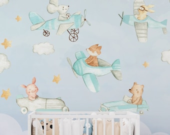 MAATWERK Wolken Behang met Dieren en Voertuigen / Schattig Vliegtuig en Auto Behang voor Babykamer / Op Maat Gemaakt en Personaliseerbaar