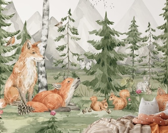 FOX Mural WOODLAND / Watercolor Nursery Wallpaper Foxes / Nature & Animals Wall Decor / Forest Theme Room / Custom Wallcovering for Children