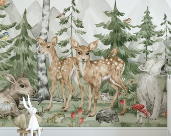 FOREST Animals Wallpaper Chambre d’enfant en bas âge / Papier peint apaisant de la forêt Chambre de bébé / Peinture murale Thème nature Chambre d’enfant / Papier peint personnalisé pour enfants Animaux