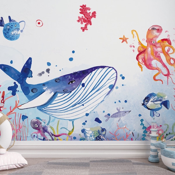 MAATWERK Oceaan Behang Met Zeedieren / Kleurrijk Onderwater Fotobehang Voor Kinderen / Nautische Muurschildering Walvis / Op Maat Gemaakt