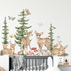 Cervi Animali della foresta Adesivi murali - Decorazioni per la camera dei bambini - Carta da parati con cervi - Peel Stick - Foresta della scuola materna - Carta da parati autoadesiva Bosco